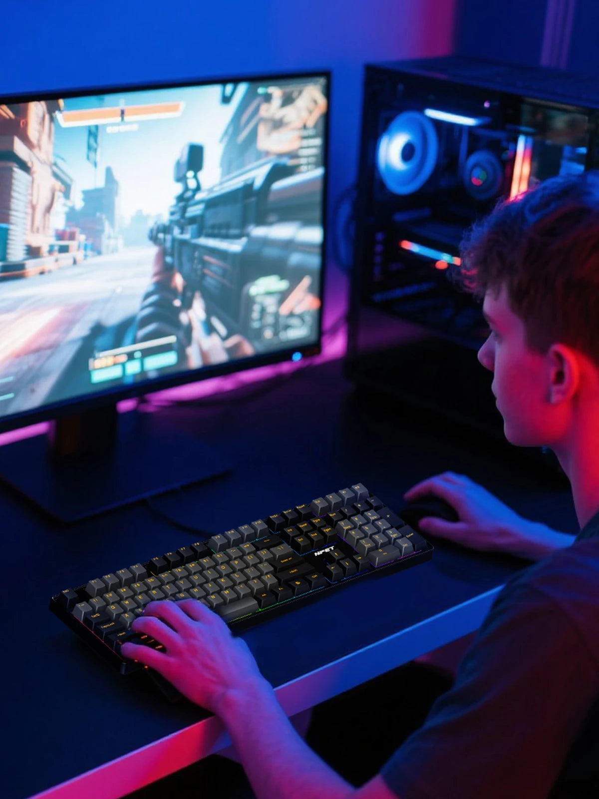 Mechanical Keyboard delivers precision and style with 20+ RGB backlit modes, hot-swappable switches, and an ergonomic design. Perfect for both gaming and office use.