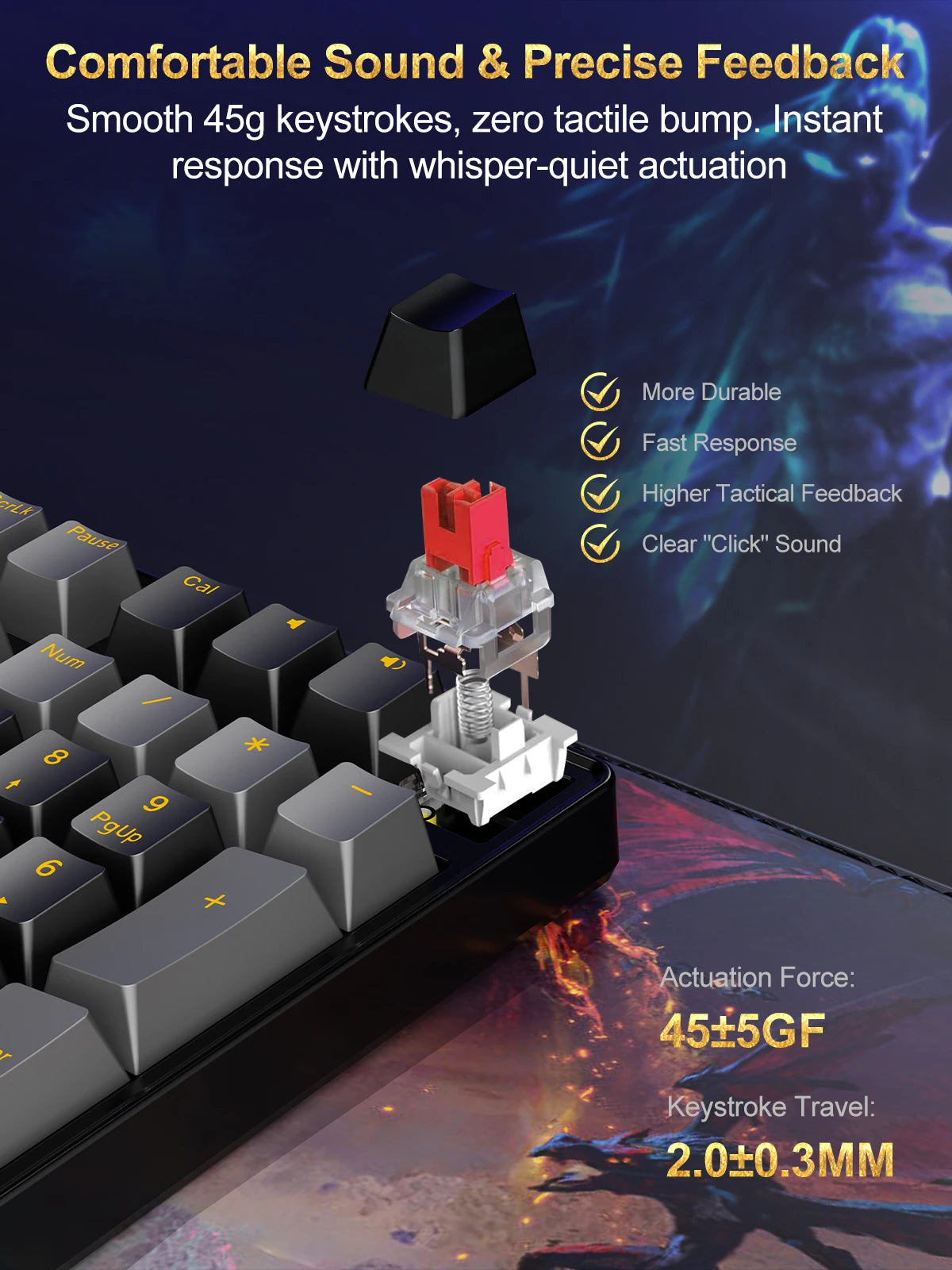 Mechanical Keyboard delivers precision and style with 20+ RGB backlit modes, hot-swappable switches, and an ergonomic design. Perfect for both gaming and office use.