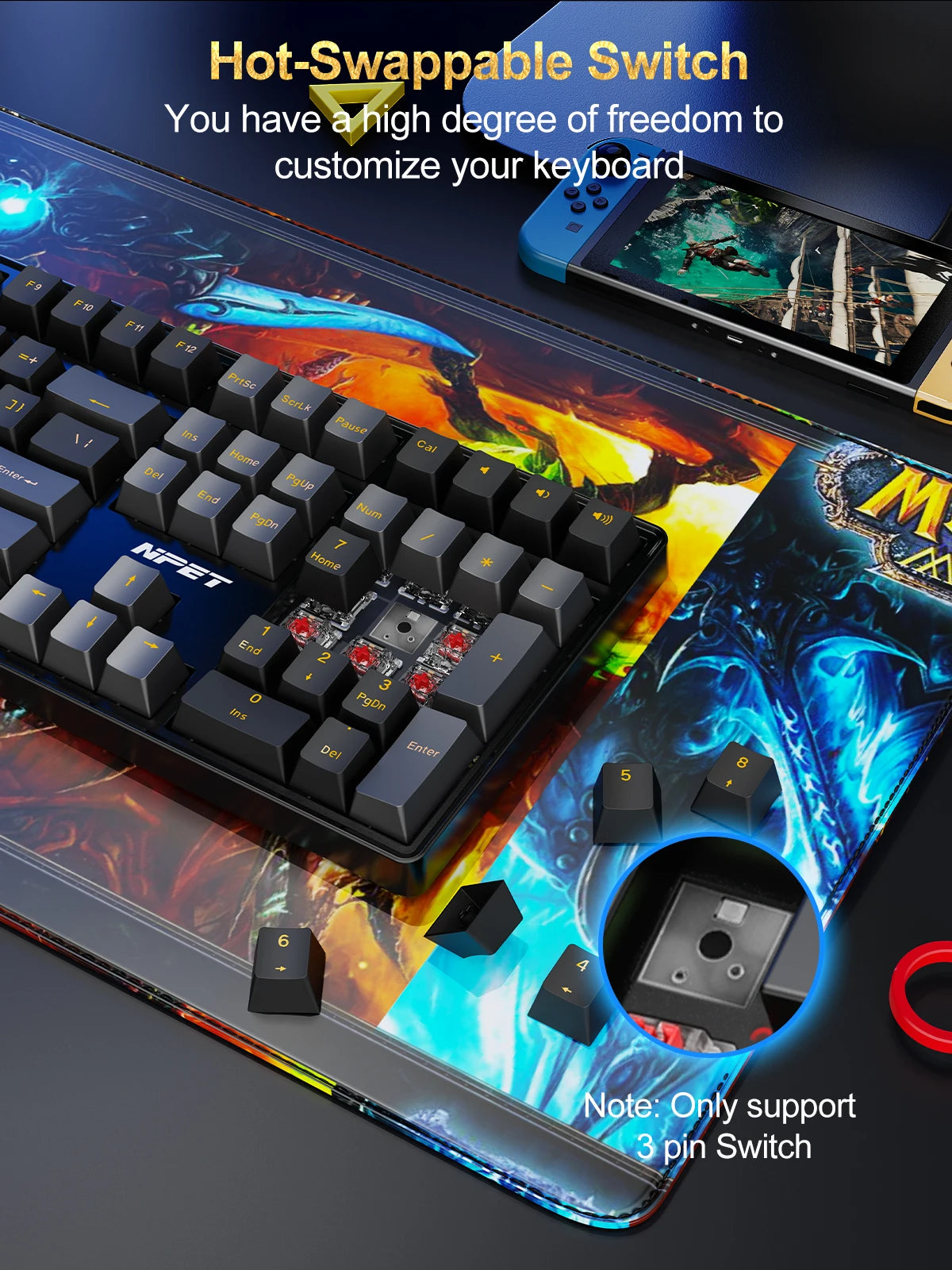 Mechanical Keyboard delivers precision and style with 20+ RGB backlit modes, hot-swappable switches, and an ergonomic design. Perfect for both gaming and office use.