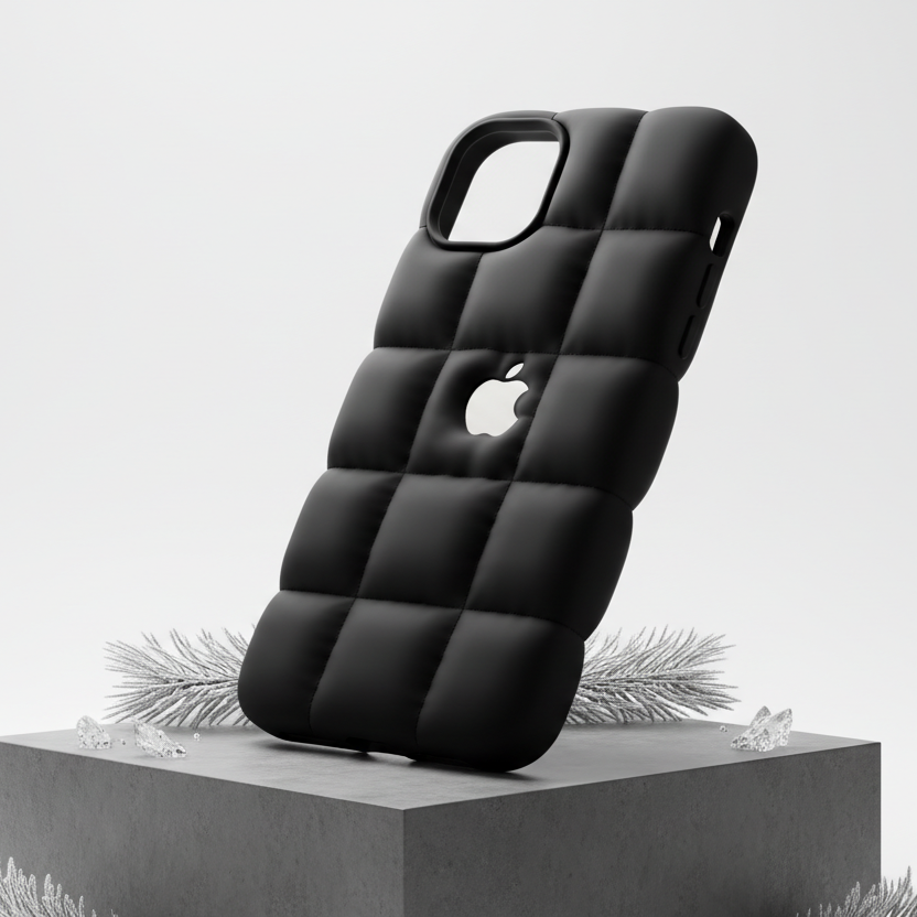 Create a high-end product photo of a black background puffer jacket silicone iPhone case with a soft padded texture, luxury winter aesthetic, and a clean minimal background.