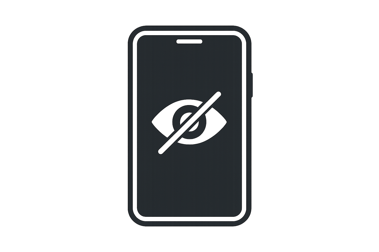 Create a sleek icon of a smartphone with a darkened screen and a small eye icon crossed out, representing screen privacy. Flat modern style, white/light background, minimal design.