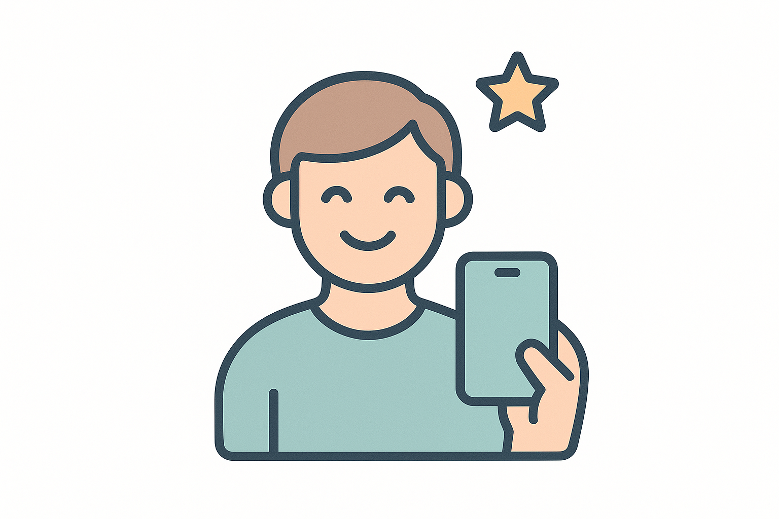 Create an icon of a smiling user holding a smartphone with a small star above them, representing happy customers and trust. Minimal, modern flat design, soft colors, white background.