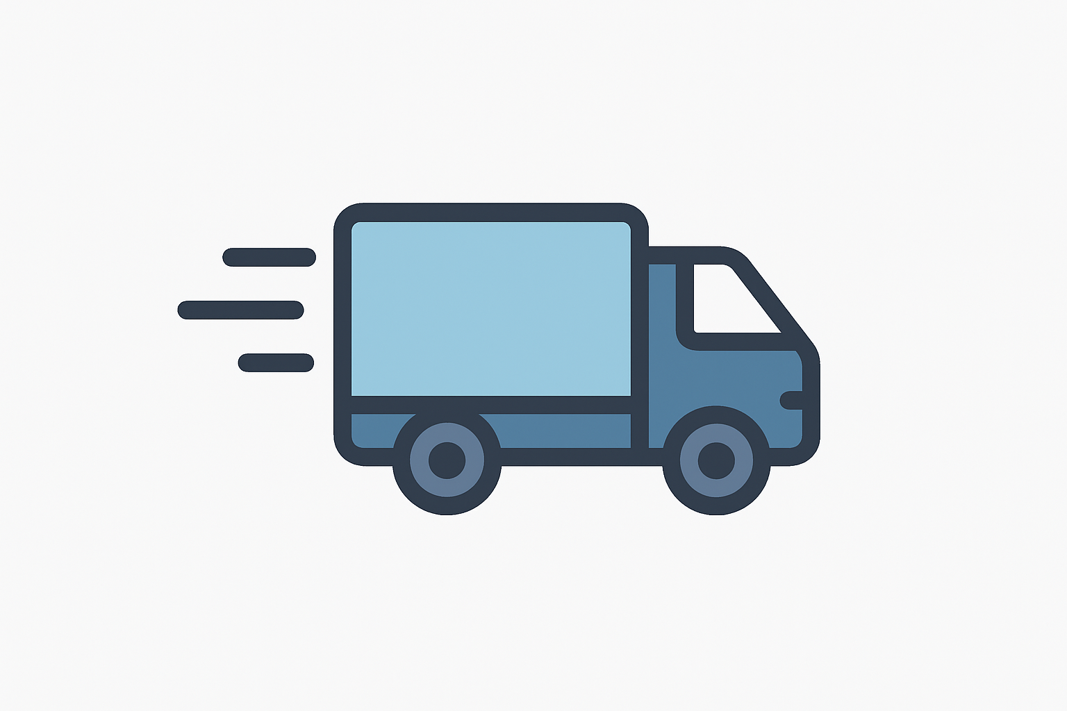 Generate a clean, modern icon of a delivery truck with motion lines, symbolizing fast shipping. Flat design, simple color palette, white or light gray background.