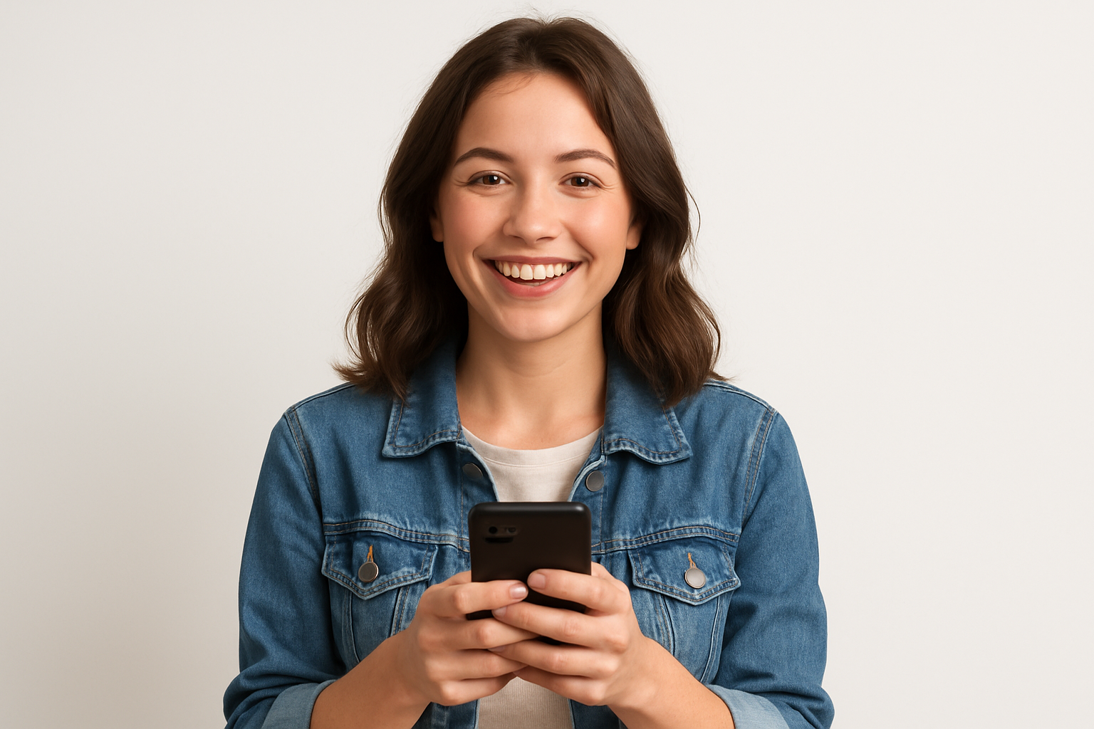 Generate a clean, realistic avatar of a happy young female customer holding a smartphone. White background, soft shadows, smiling naturally.