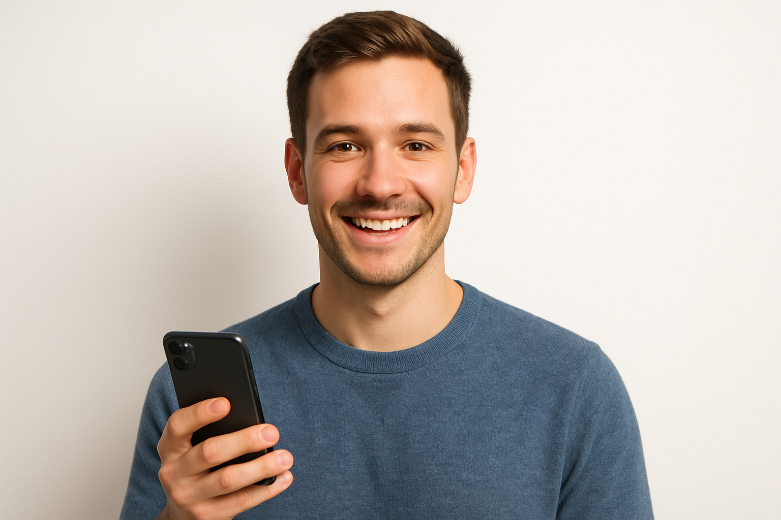 Generate a clean, realistic avatar of a happy young male customer holding a smartphone. White background, soft shadows, smiling naturally.